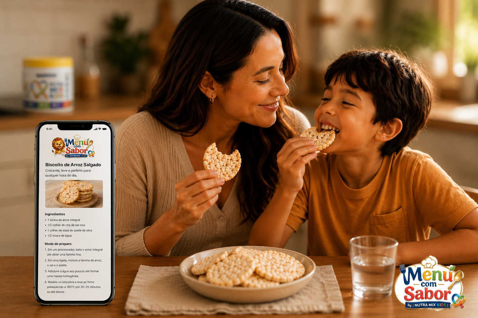 Mãe e filho comendo biscoito de arroz com o app Menu com Sabor aberto