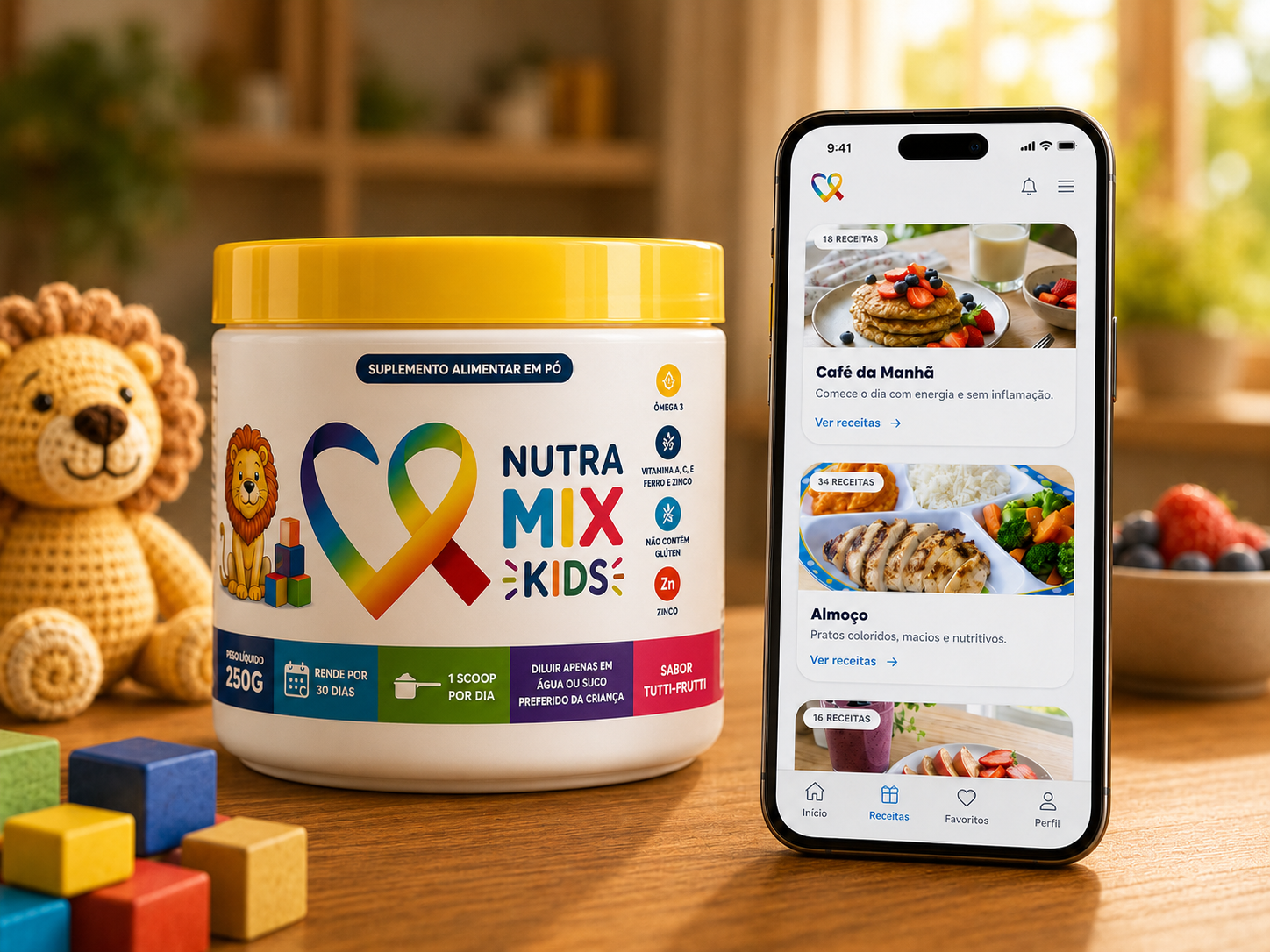 Pote de Nutra Mix Kids ao lado do app Menu com Sabor com receitas