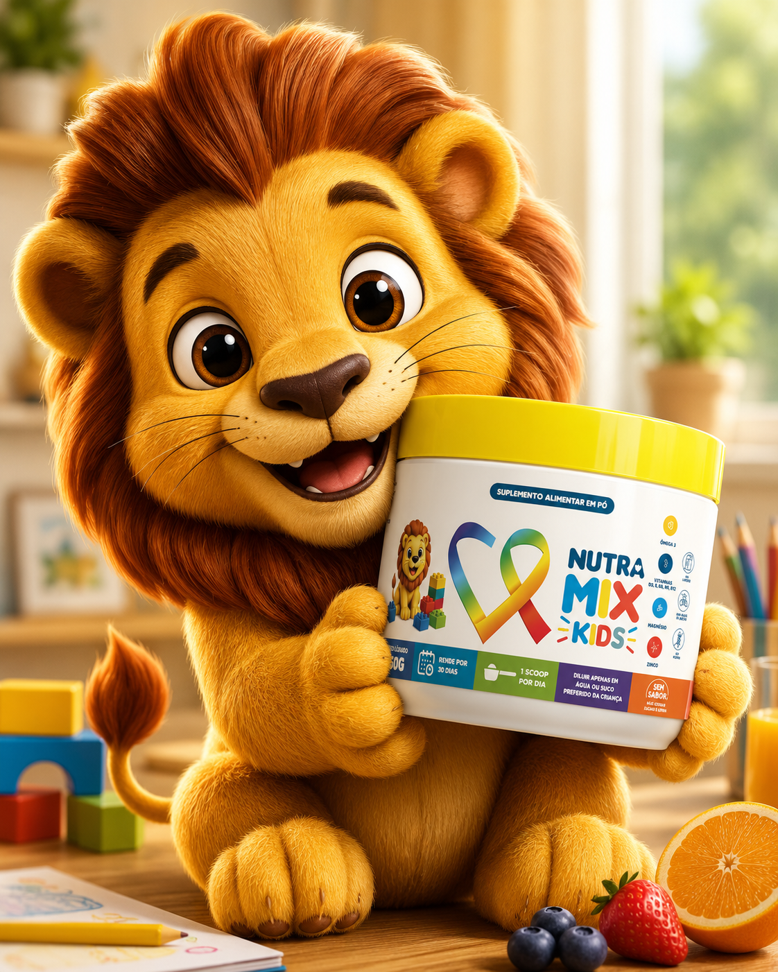 Mascote leão Nutra Mix Kids apresentando o pote